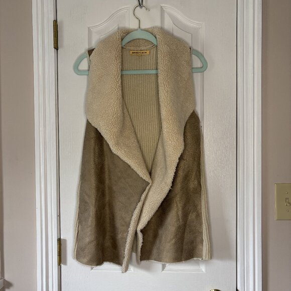 Mesh + Lace Long Vest, Faux Leather, Knit, Sherpa Lined, Tan, size S - Picture 1 of 7